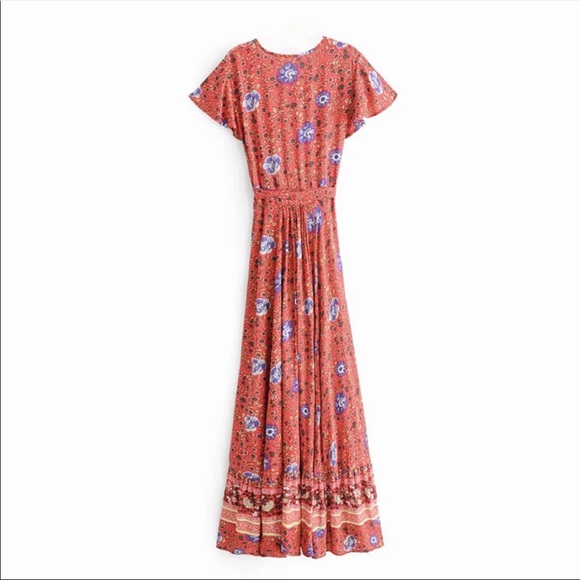 Boho Floral Gypsy Print Maxi Wrap Dress red - Picture 6 of 14